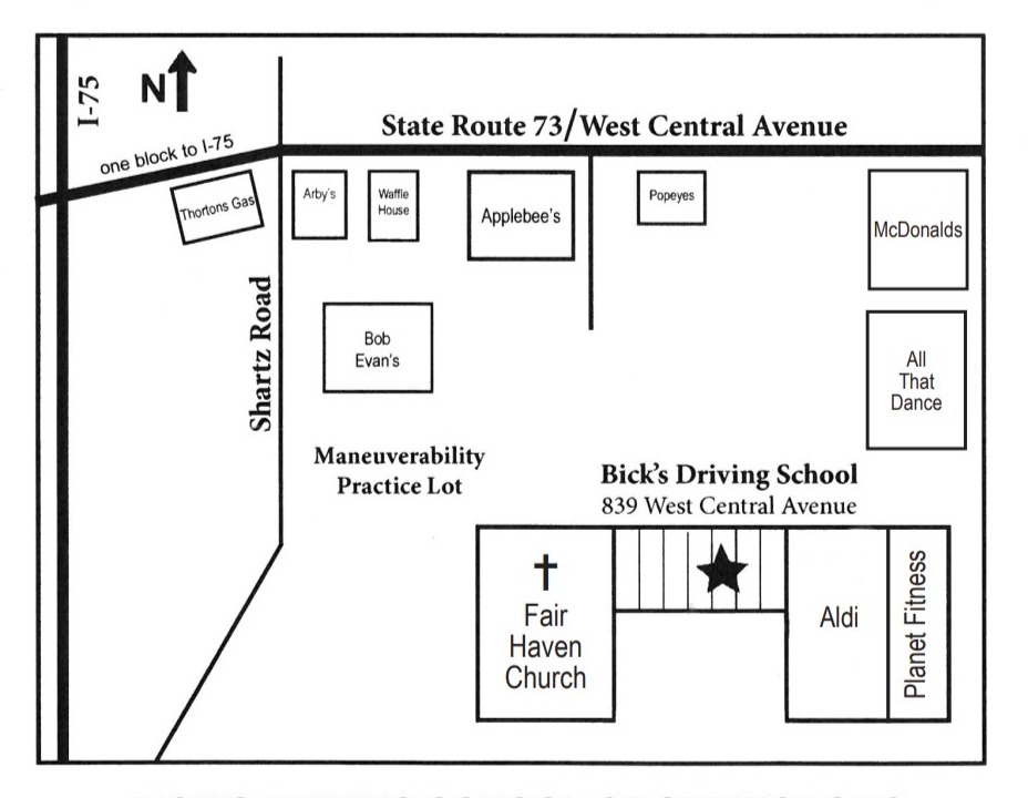 Map of Bick's Driving School, 839 W Central Ave, Springboro, Ohio
